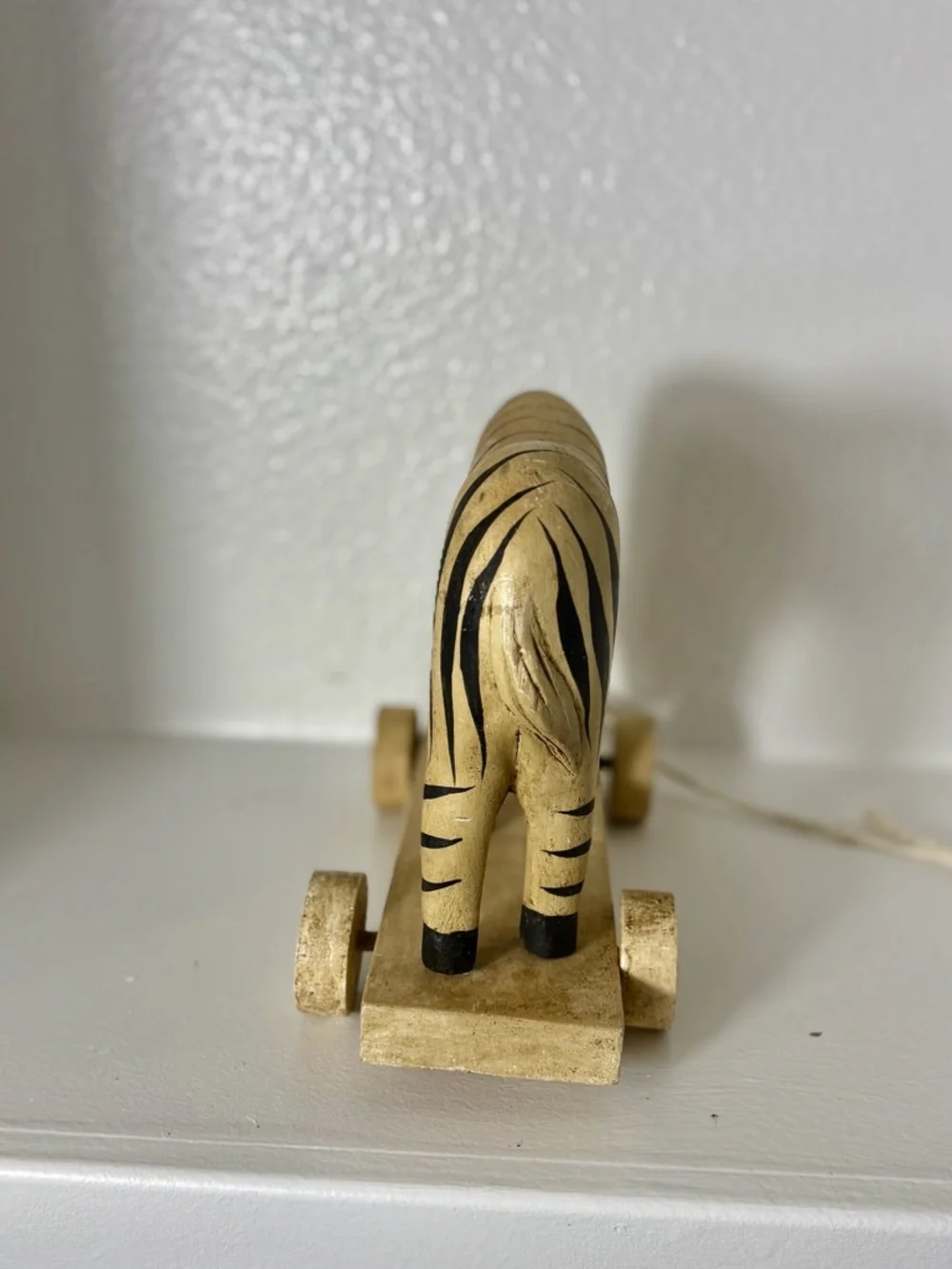 Vintage Hand Carved Wooden Zebra Pull Toy on Wheels Hanford Thailand Folk Art